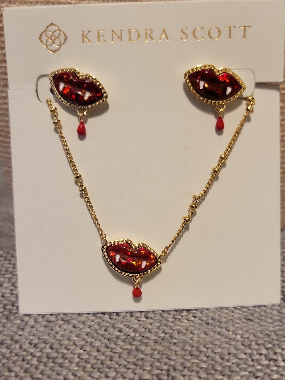 Kendra Scott Red and Gold Lip Pendant Earrings with Chain Accent